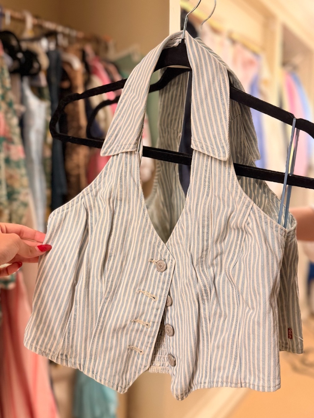 Levi's Blue and White Striped Halter Button-Front Crop Top